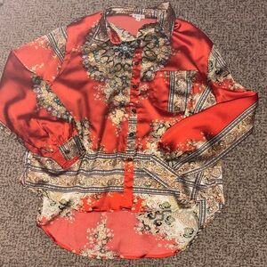 POL Red Paisley-Print Satin Button-Down Shirt Small